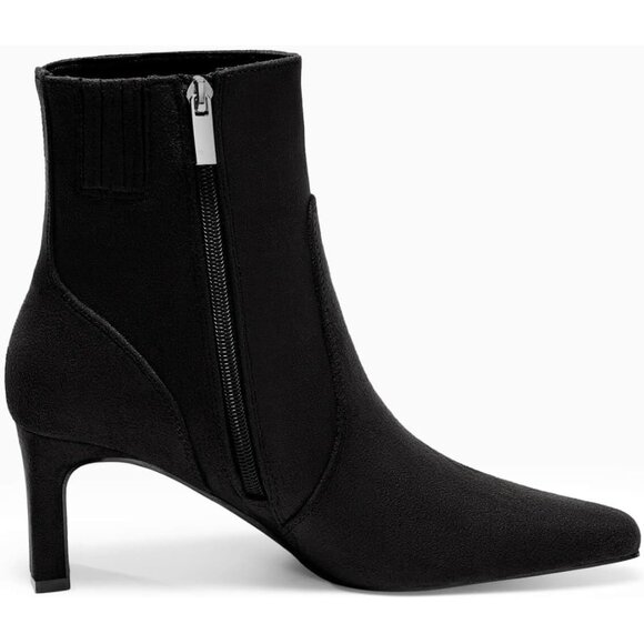 Women Black Chunky Low Heel Square Pointed Toe Side Zipper Faux Suede Boots - Picture 6 of 6